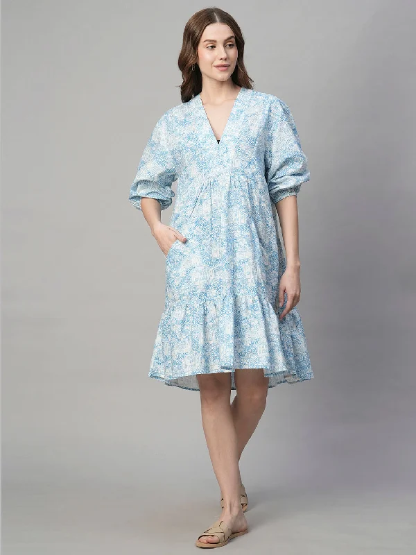 Women's Blue Cotton Linen Boxy Fit Dress Tunics New arrival