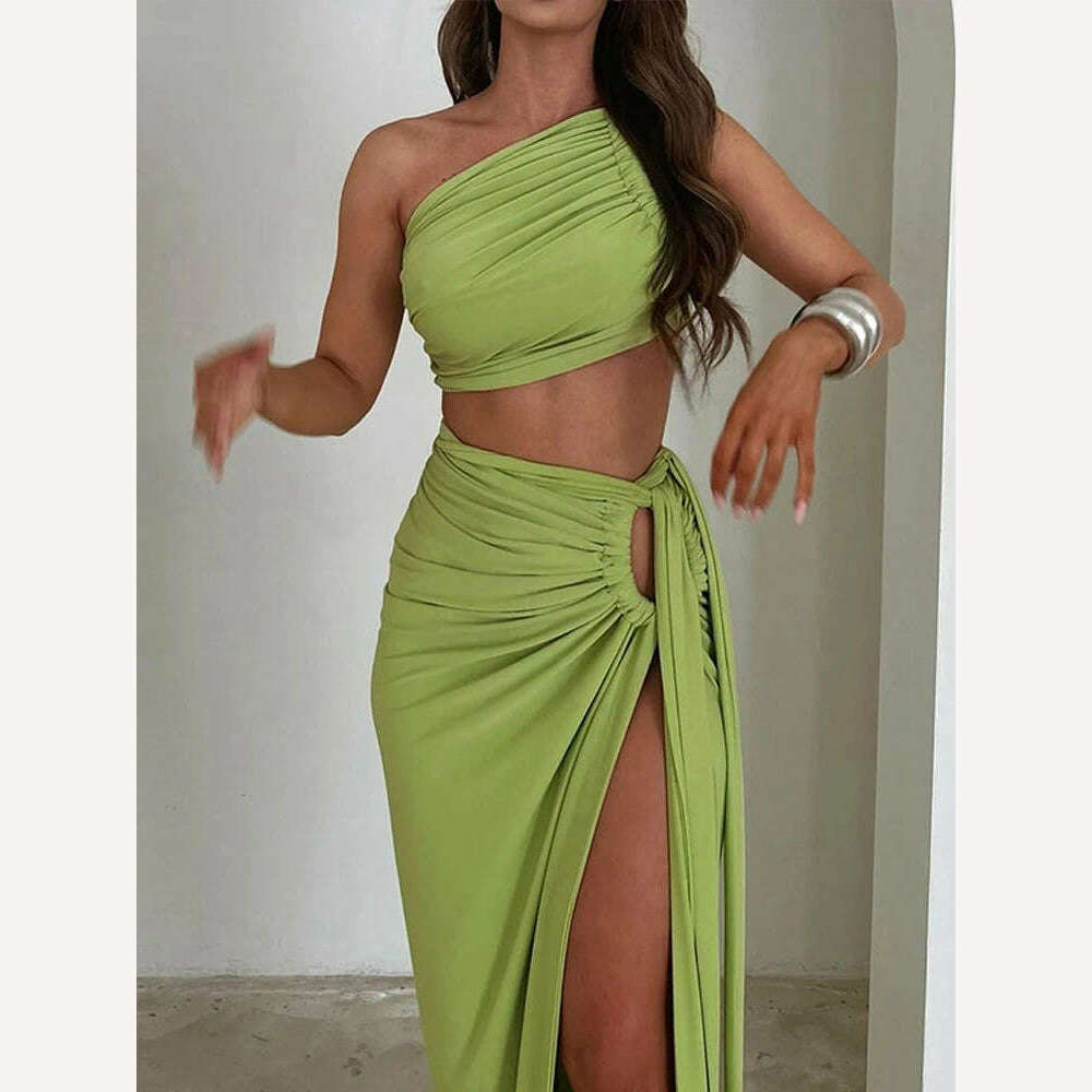 Autumn Winter One Shoulder Bodycon Dress Suits Women Backless Crop Top Split Long Skirt Two Piece Matching Sets Outfits Party Cotton Fabric Linen Fabric Terry Fabric