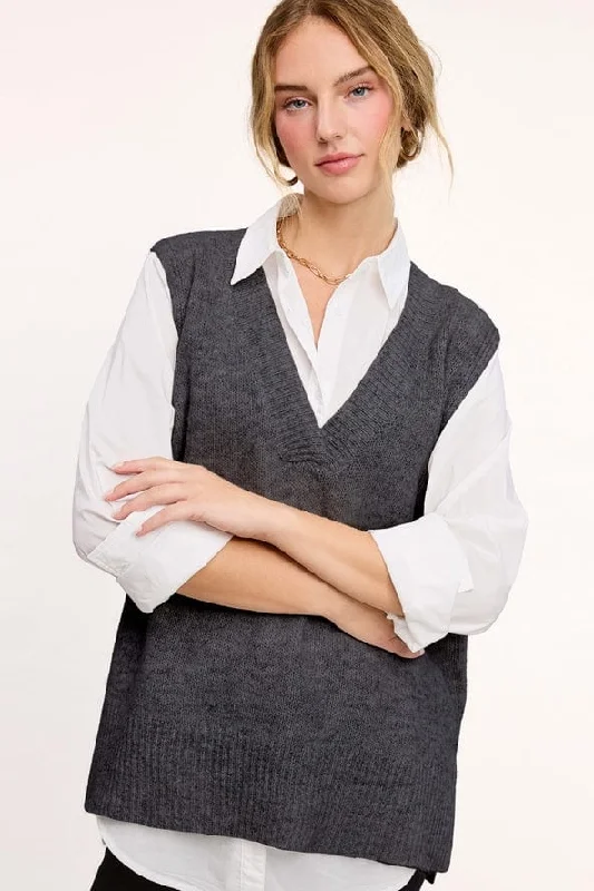 La Miel Oversized Knit Deep V-Neck Sweater Vest in Black Sesame Machine Wash Dry Clean Hand Wash