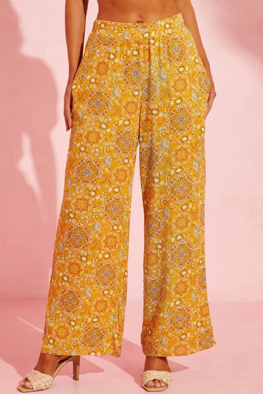 Sunny Boho Floral Print Palazzo Trousers with Pockets Trousers Mesh Breathable