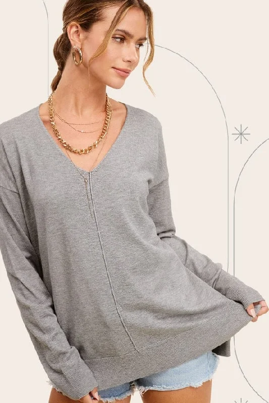 La Miel Lightweight V-Neck Sweater in Heather Grey Soft Cozy Warm