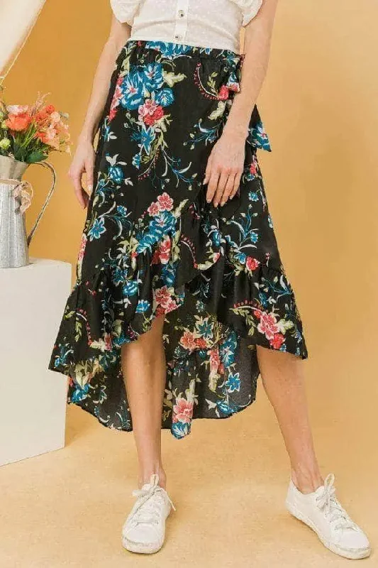 Blue Zone Planet |  Floral Ruffle Skirt With Trim High-Low lace skirt romantic