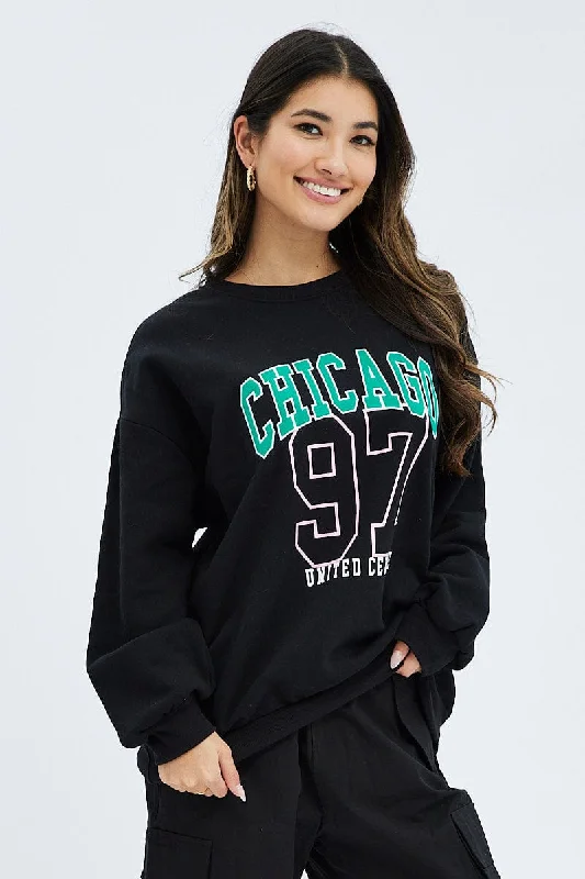 Black Graphic Sweater Long Sleeves Zippered Buttoned Snapped