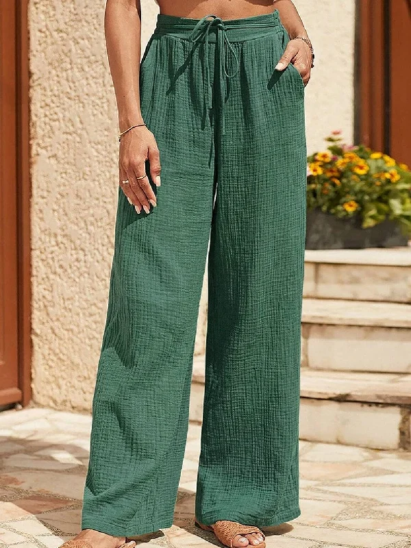 Misty Green Crinkled Drawstring High Waist Wide Leg Trousers Trousers New Arrival