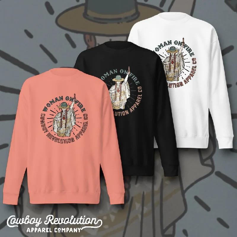 "Woman On Fire" Cowboy Revolution Unisex Premium Sweatshirt Hoodie with Batwing Sleeves Loose Dramatic
