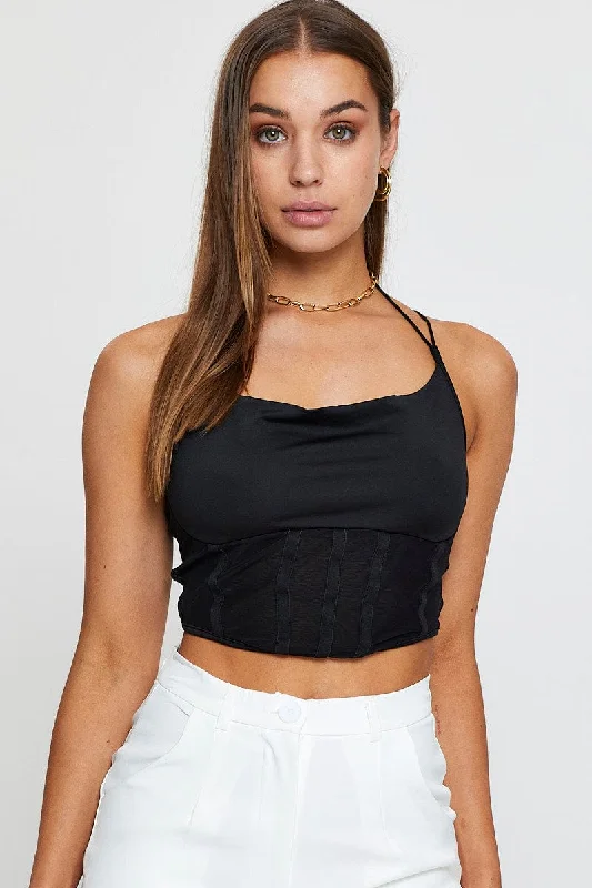 Black Crop Top Collared Crew Neck Turtle Neck