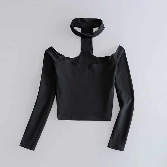 Women's Long Sleeve Crop Top With Choker Slash Neck Elasticated Padded Insulated
