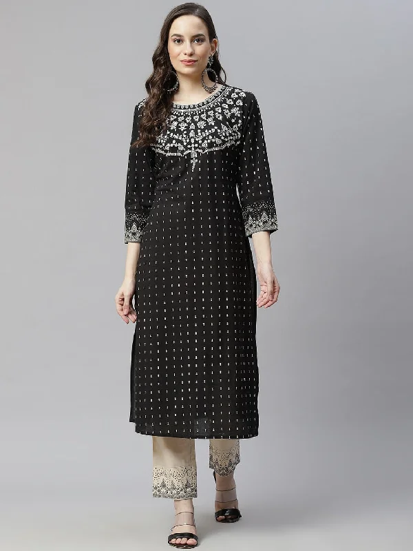 Women's Black Embroidered Thread Work Pure Cotton Kurta With Trousers - Hatheli Trousers Chinos Classic Women's Black Embroidered Thread Work Pure Cotton Kurta With Trousers - Hatheli Trousers Chinos Classic