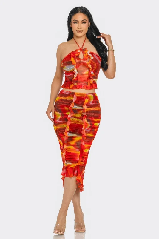 Tropical Waters Print Mesh Ruffle Halter Skirt Set flowy skirt hem