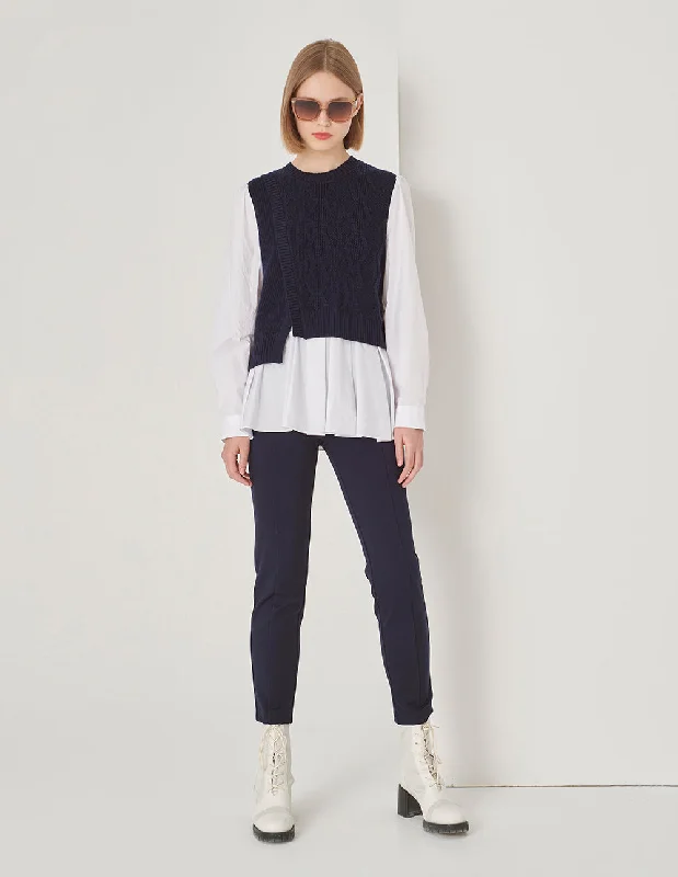MARYLING Blue And White Asymmetric Knit Woven Sweater Transparent Opaque Sheer