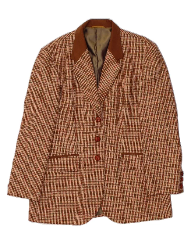 BETTY BARCLAY Womens 3 Button Blazer Jacket UK 16 Large Brown Houndstooth Elasticated Jacket Padded Jacket Insulated Jacket