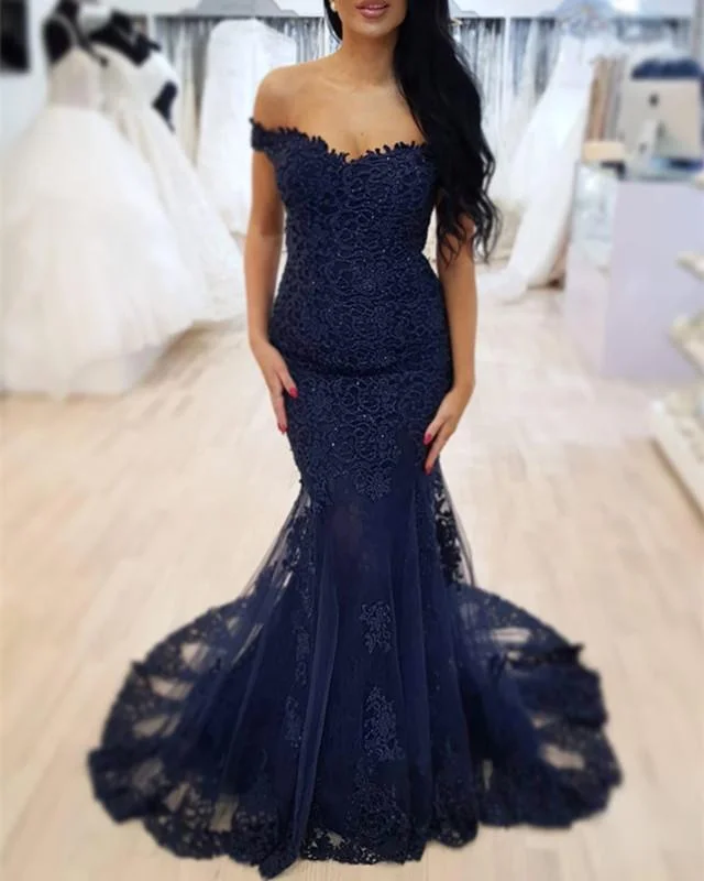Lace V-neck Off The Shoulder Mermaid Prom Dresses Tunics Custom made
