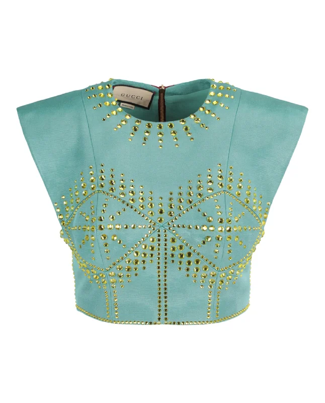 Gucci Womens Crystal-Embellished Crop Top Zippered Front Buttoned Front Snap Front