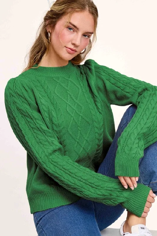 La Miel Cable Knit Crew Neck Sweater in Pine Tree Satin Blend Silk Blend Wool Blend