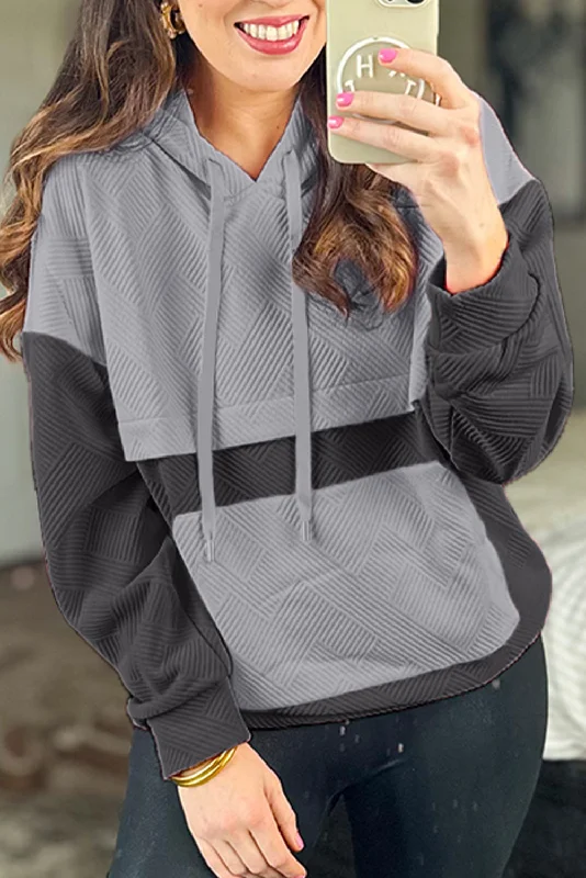 Textured Color Block Kangaroo Pocket Drop Shoulder Hoodie Hoodie with Full-Zip Functional Layering