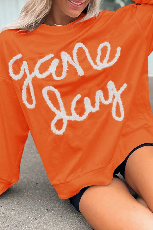 Russet Orange Tinsel Game Day Drop Shoulder Graphic Sweatshirt Hoodie with Lace Feminine Delicate