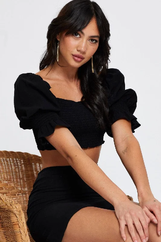 Black Crop Top Short Sleeve Round Neck Silk Blend Satin Velvet