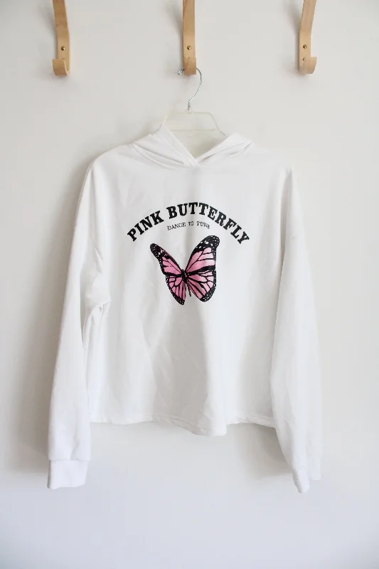 Shein Pink Butterfly "Dance To Tune" White Hoodie | L Hoodie with Velcro Closure Adjustable Secure Shein Pink Butterfly "Dance To Tune" White Hoodie | L Hoodie with Velcro Closure Adjustable Secure