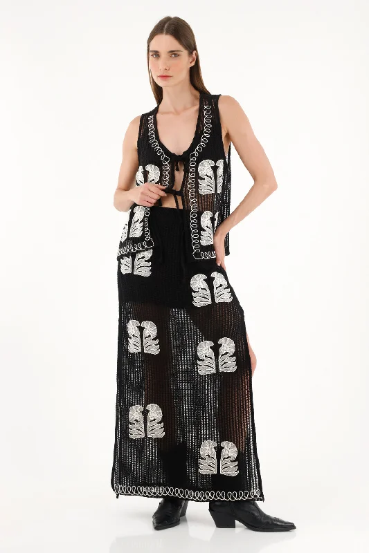 Women's black embroidered long skirt. lace skirt delicate