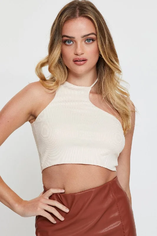 White Crop Top Sleeveless Notch Collar Peter Pan Collar Cowl Neck