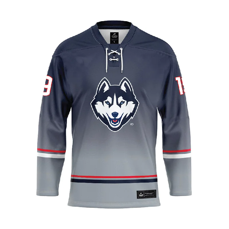 UConn - NCAA Women's Ice Hockey : Megan Woodworth - Grey Hockey Jersey Textured Jersey Blouse UConn - NCAA Women's Ice Hockey : Megan Woodworth - Grey Hockey Jersey Textured Jersey Blouse