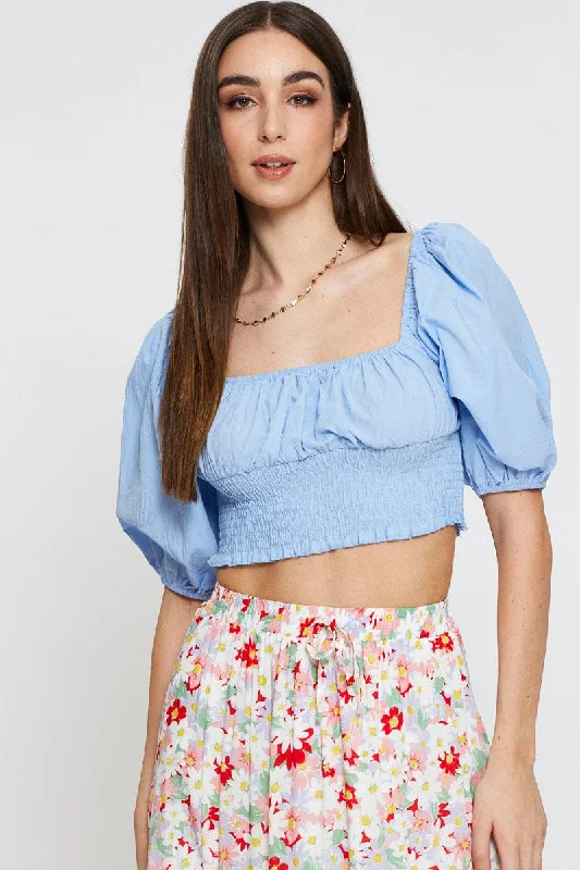 Blue Crop Top Short Sleeve Shirred Waist Elasticated Padded Insulated