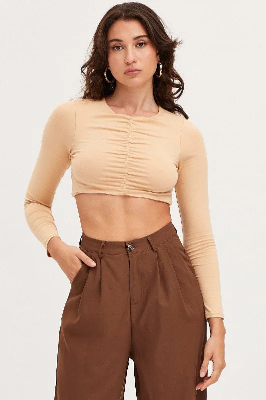 Beige Ruched Crop Top Long Sleeve Welt Pockets Slit Pockets Flap Pockets