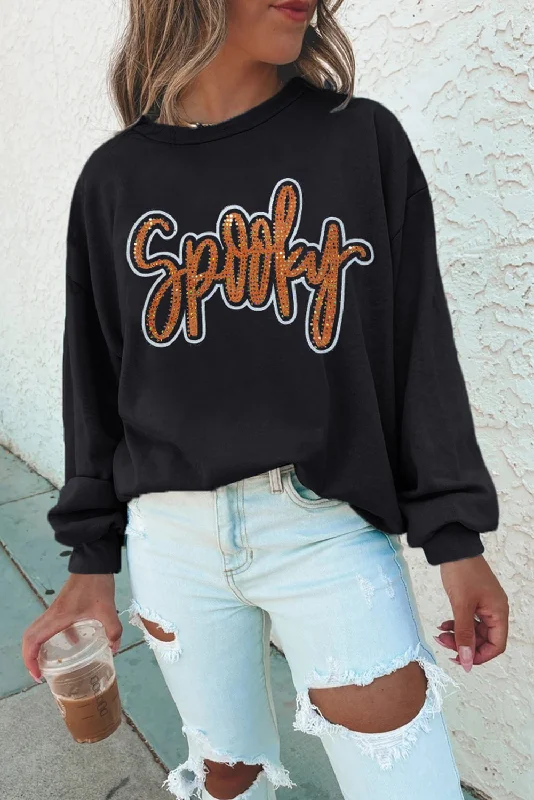 Black Spooky Rhinestone Drop Shoulder Graphic Sweatshirt Hoodie with Hem Frayed Vintage Worn