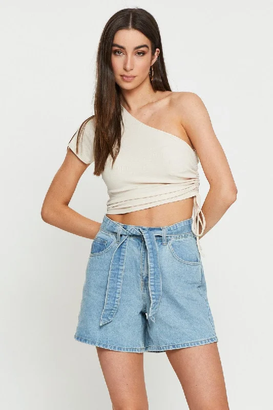 Beige Crop Top One Shoulder Plaid Crop Top Polka Dot Checkered