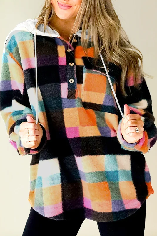 Multicolour Plaid Color Block Flap Pocket Buttoned Hoodie Hoodie with Belted Waist Structured Tailored