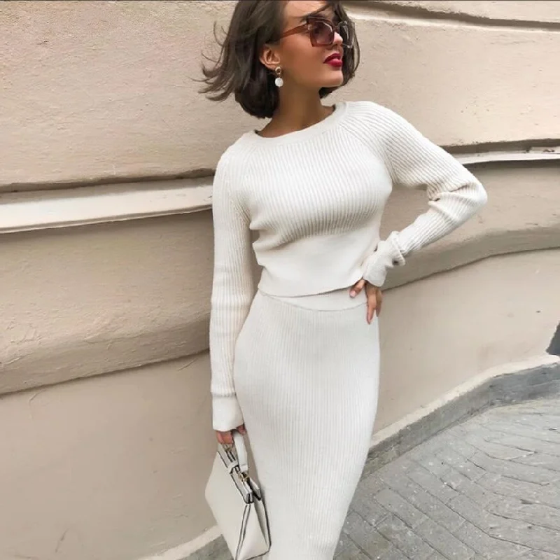 Tracksuit Women's Knitted Sweater Skirt Two Piece Set + Stylish Fashionable Trendy
