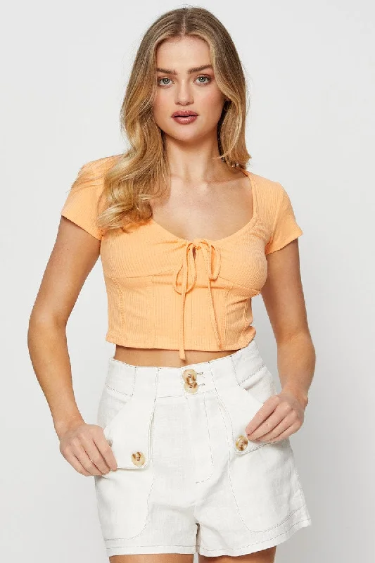 Orange Crop Top Short Sleeve Hooded Caped Shawl Collar