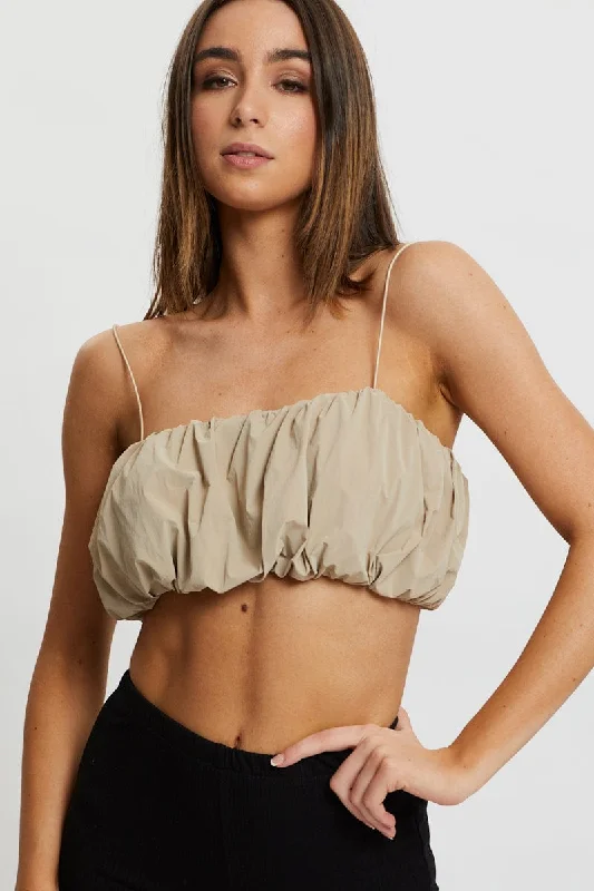 Beige Windproof Puff Crop Top Cashmere Blend Cotton Blend Poly Blend