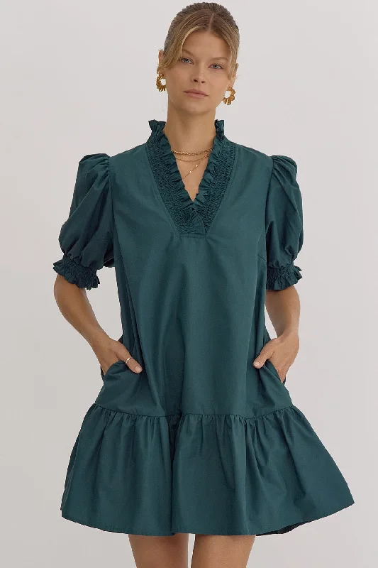 Ruffle V-Neck Pocket Dress- Hunter Green Tunics Hiking breathable