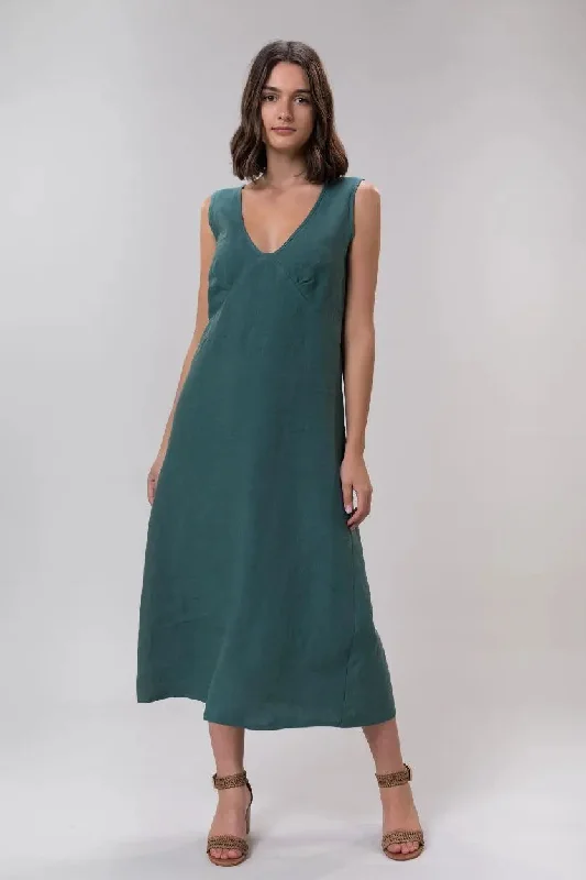 Bonnie Long Linen Dress In Jade by Wilga Clothing Tunics Fall fleece