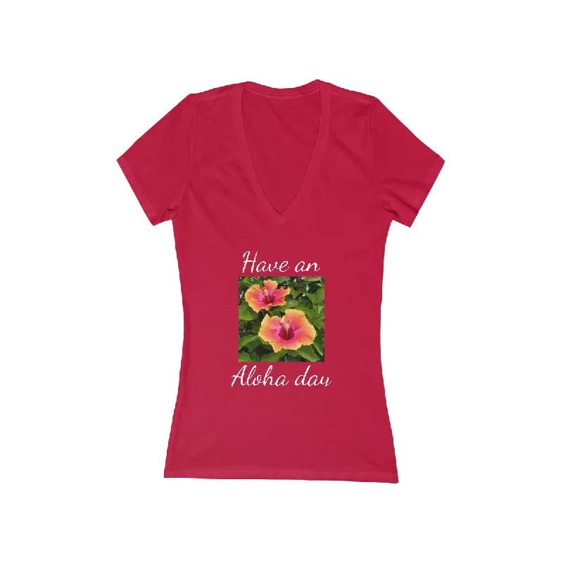 Island Style Women's Jersey Short Sleeve Deep V-Neck Tee Textured Jersey Blouse
