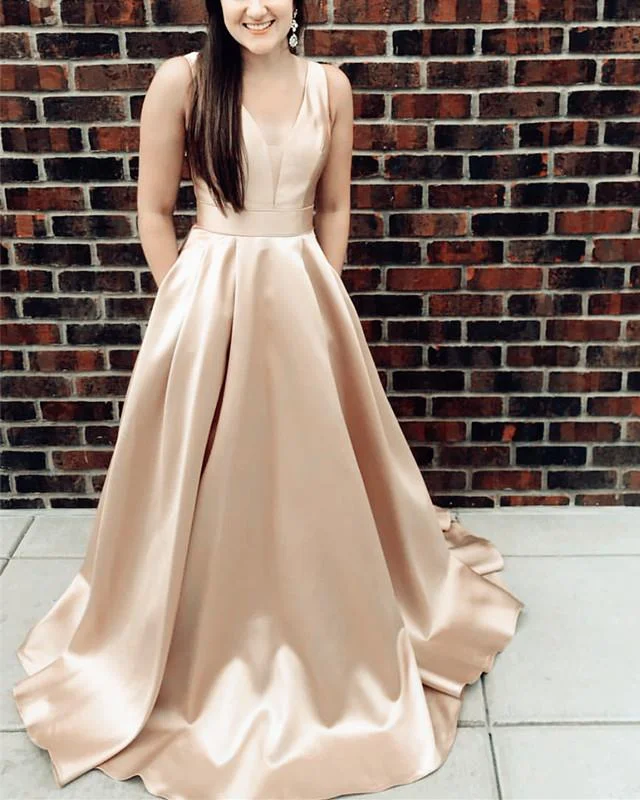 Sexy Deep V-neck Bow Back Long Satin Prom Dresses 2019 Casual Short Summer