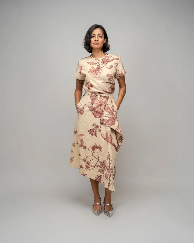 Garden Print Wool Wrap Skirt In Apricot high waist skirt