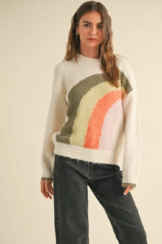 Miou Muse Fall Rainbow Patterned Fuzzy Sweater Spandex Rayon Corduroy