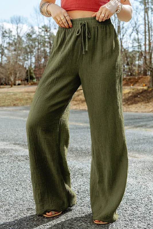 Stylish Green Textured Wide Leg Trousers Trousers Canvas Durable