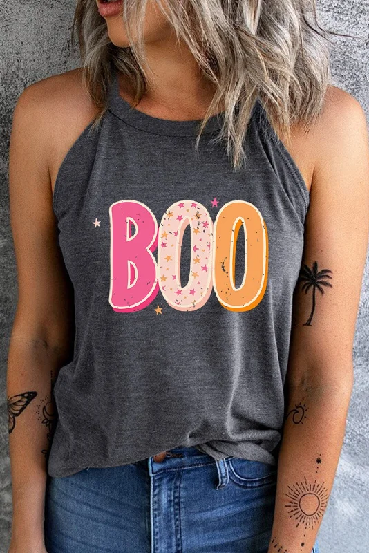 Round Neck Sleeveless BOO Graphic Tank Top navy tank top