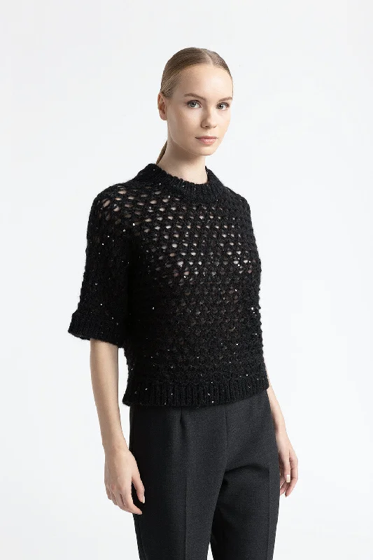 Short-sleeved sweater in an alpaca yarn with sequins Toggled Drawstring Belted