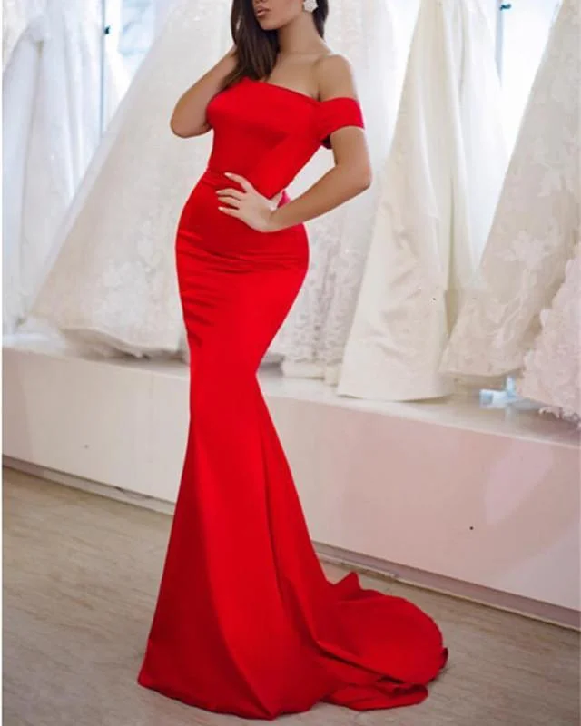 Stylish Square Neckline Long Satin Mermaid Off-Shoulder Prom Dresses Tunics Modern contemporary
