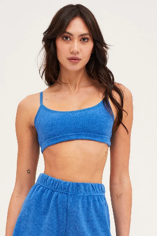 Blue Crop Top Terry Houndstooth Herringbone Solid