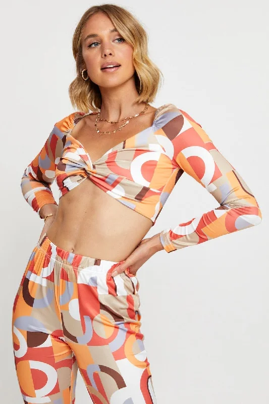 Print Crop Top Long Sleeve Casual Formal Business