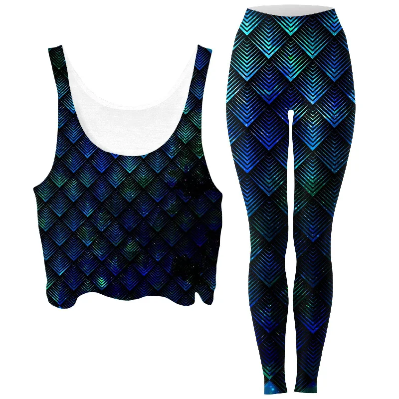 Galactic Dragon Scale Teal Crop Top and Leggings Combo Solid Color Striped Floral