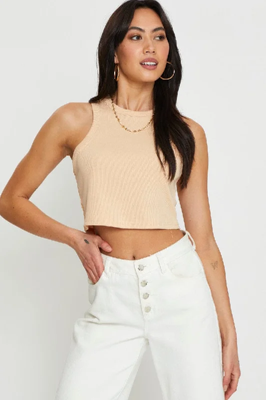 Beige Crop Top Sleeveless Welt Pockets Slit Pockets Flap Pockets