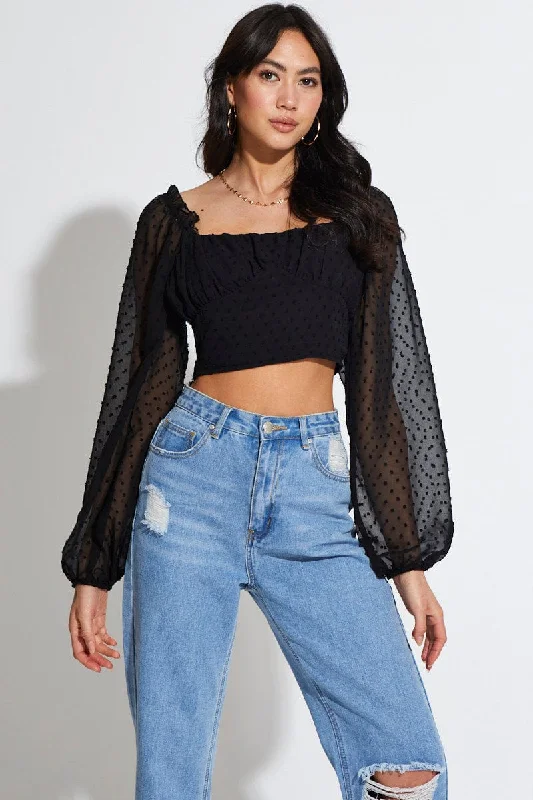 Black Crop Top Long Sleeve Square Neck Plaid Crop Top Polka Dot Checkered