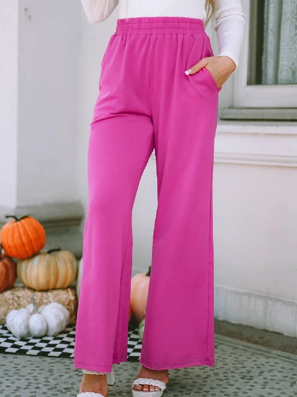 Rose Pink Elastic Waist Wide Leg Trousers with Pockets Trousers Floral Bohemian