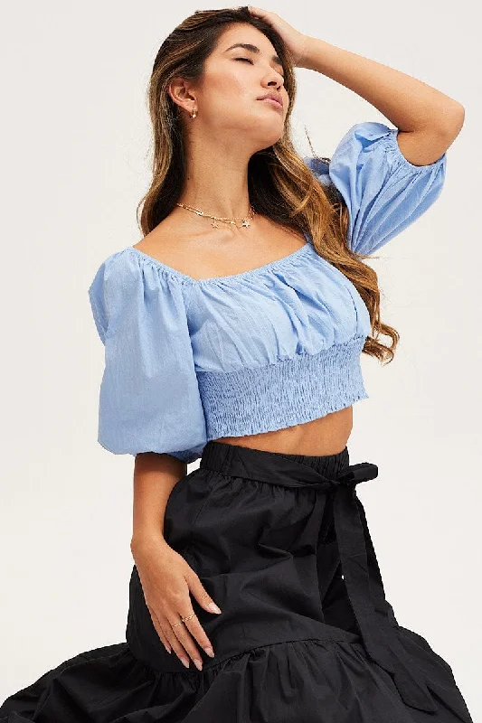 Blue Crop Top Short Sleeve Square Neck Fleece Nylon Spandex